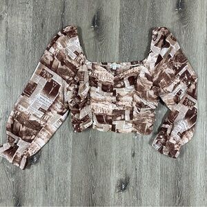 RABBIT ROSE women’s puffy long sleeve blouse size XL newspaper brown crop top